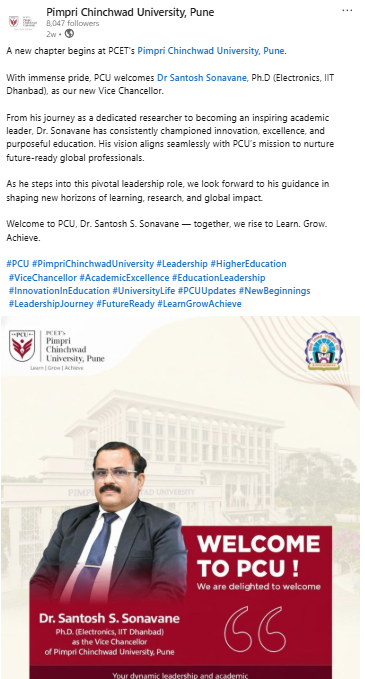 Dr Santosh Sonavane, PCU University Vice Chancellor 2025
